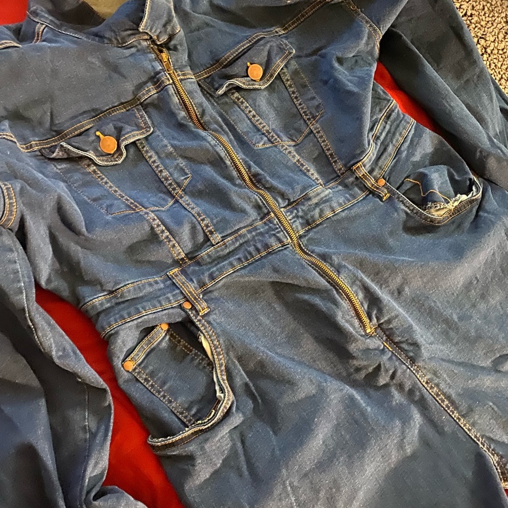 Plus Denim Blue Wash Zip Front Jumpsuit size (22) runs big fit more like 18